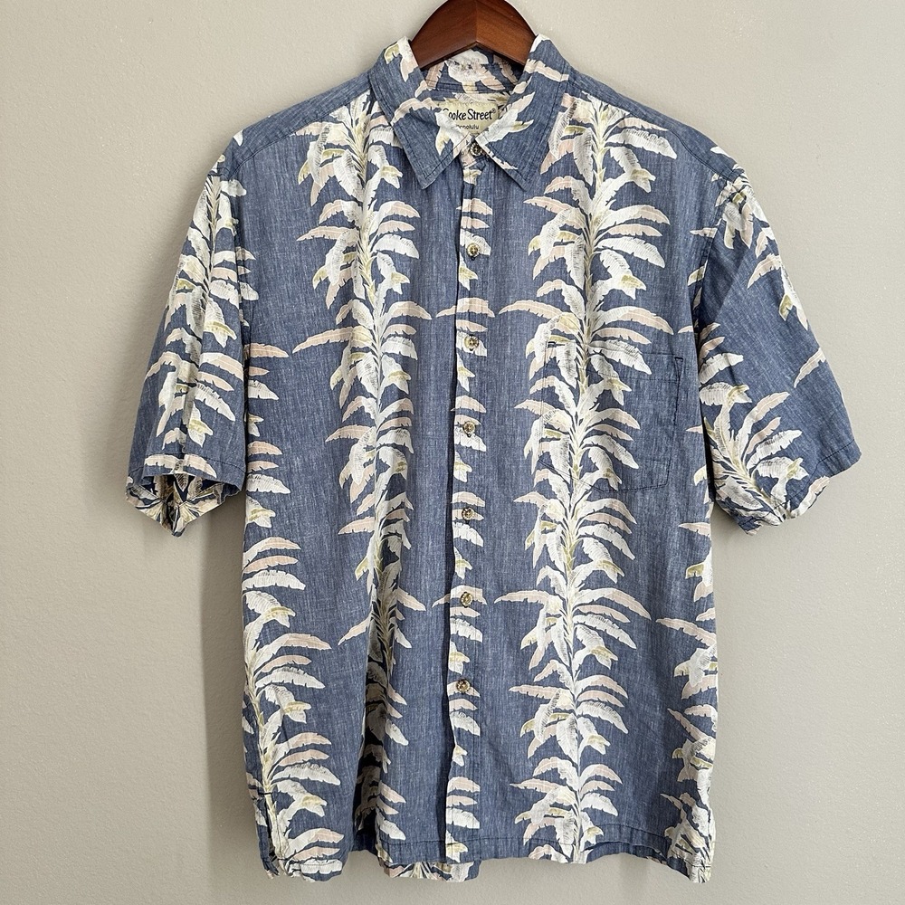 Cooke Street Blue Tropical 100% Cotton Aloha Shirt Hawaiian Palm Coastal Resort